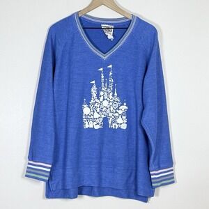 Jadelynn Brooke Womens Size XL Ribbed V Neck Top Blue Disney Castle Oversized